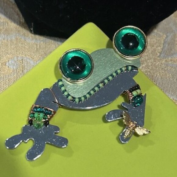 🏖️LIZTECH Retro Mirrored Glass Bead Frog BROOCH - Picture 2 of 8